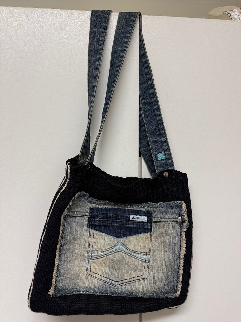 Vintage Azzure Black Knit Shoulder Bag with Denim Pocket Detail